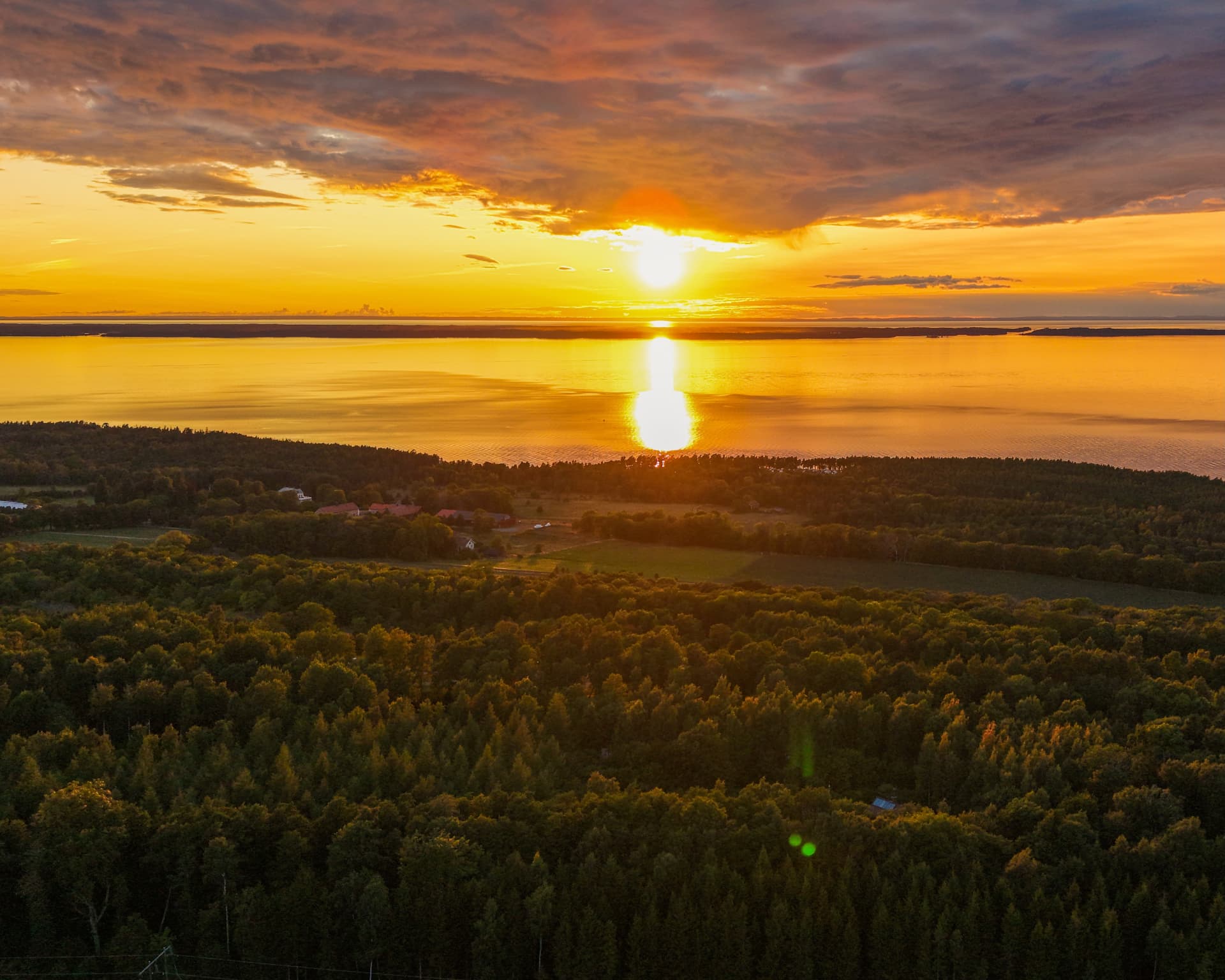 Drönarbild över skog och Vänern i gyllene solnedgång